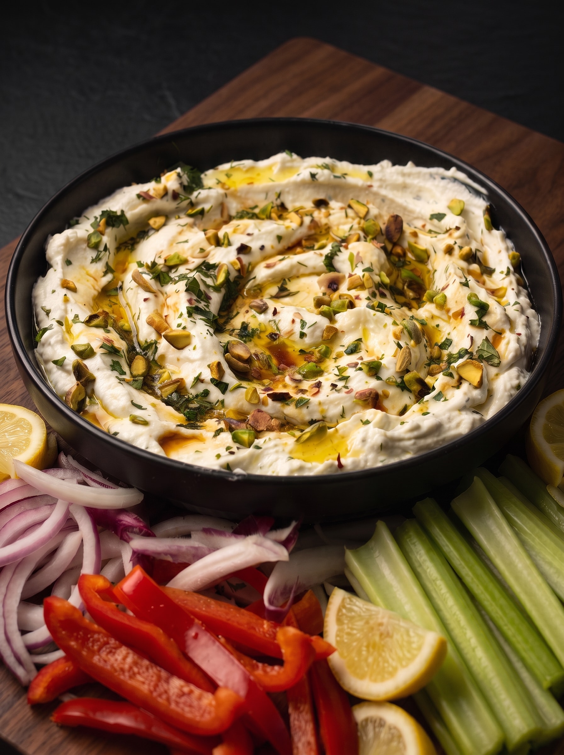 Whipped ricotta dip with pistachios, herbs, and fresh vegetables