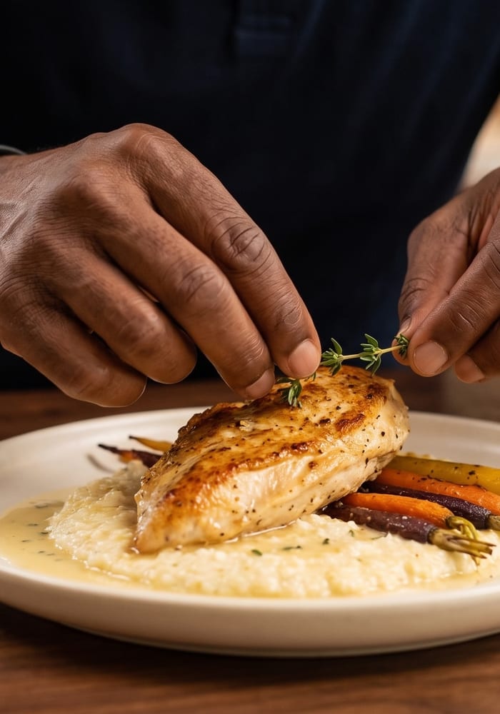 Chef garnishing a seared chicken breast with fresh thyme over creamy risotto and roasted heirloom carrots