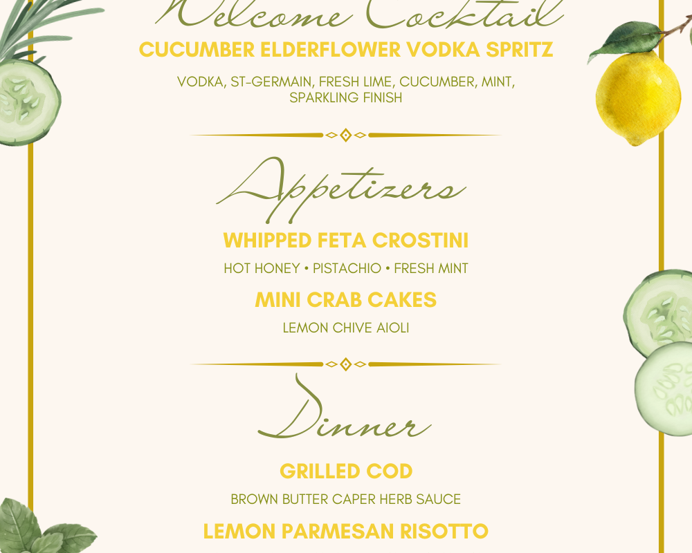 Girls Night Out menu card — cucumber elderflower spritz, whipped feta, mini crab cakes, grilled cod, lemon parmesan risotto, lemon olive oil cake